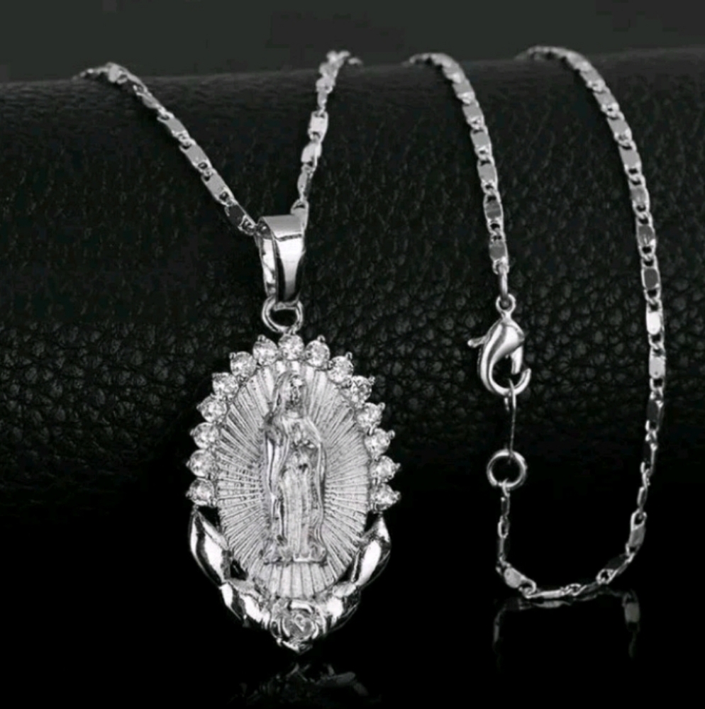 925 Sterling Silver Catholic Saint Virgin Mary New White Topaz Pendant Necklace